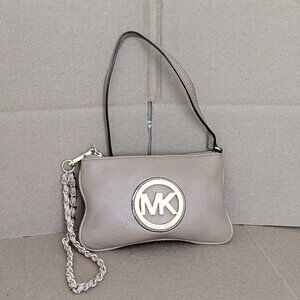 Michael Kors Fulton Leather Wristlet Mini Clutch BIG MK Shiny GOLD LOGO Brown .